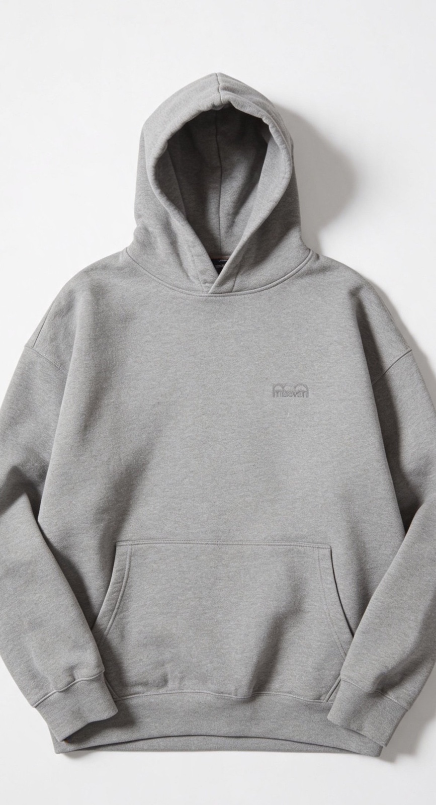 Áo hoodie nỉ bông màu xám tiêu, trải phẳng trên nền trắng